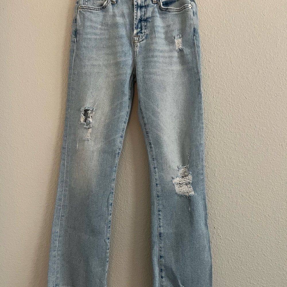 7 For All Mankind Blue Straight Leg Jeans with Distressed Details Size 25